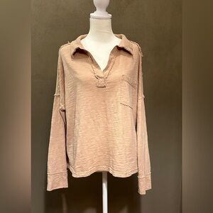 Long sleeve vneck distressed shirt, size small by impressions, lightweight tan